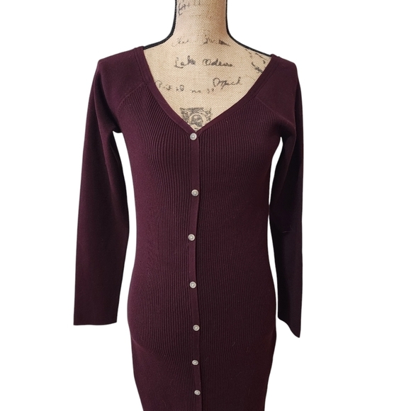 NWT REISS Off-shoulder Rib Knitted Midi Long Sleeve V-neck Burgundy Dress - L - Picture 7 of 12